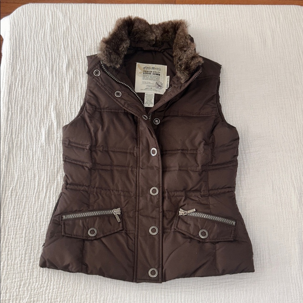 Eddie Bauer Puffer Vest Chocolate Brown XS Goose Down Cabin Hike Outdoor Preppy